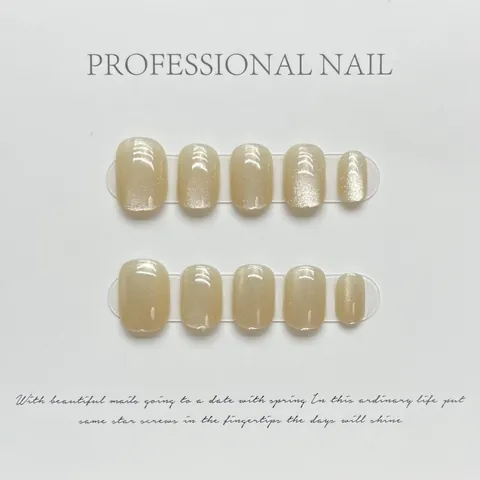 Handmade Cat Eye Press On Nails Set Short Round Square Champagne Shimmer Rainbow Laser Reusable Fake Nails For Women Jewelry