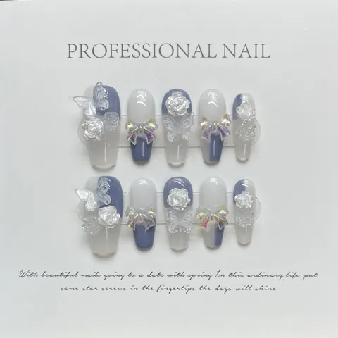 Handmade Press On Nails Purple White Aurora Butterfly Bow Camellia 3D Resin Fake Nails Kit For Women Sweet Nail Art