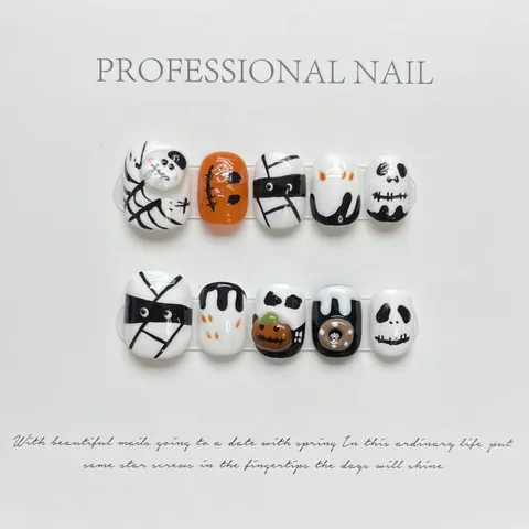 Uñas Postizas Halloween Calabaza Fantasma Pintadas a Mano Momia Telaraña Relieve 3D Corto Resina Uñas para Mujeres