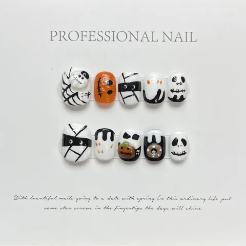 Uñas Postizas Halloween Calabaza Fantasma Pintadas a Mano Momia Telaraña Relieve 3D Corto Resina Uñas para Mujeres