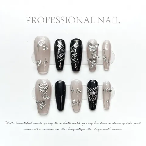 Handmade Y2K Press On Nails Black Dark Butterfly Rhinestone Star Long Coffin Fake Nails Set For Women Professional Nail Decor