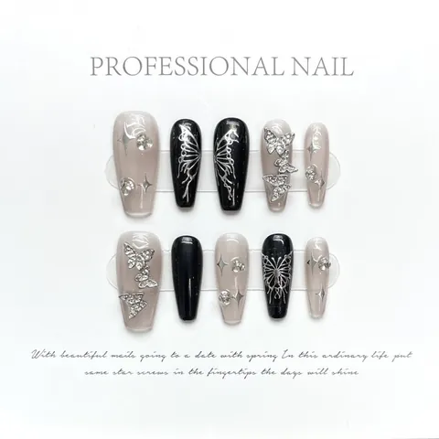 Handmade Y2K Press On Nails Black Dark Butterfly Rhinestone Star Long Coffin Fake Nails Set For Women Professional Nail Decor