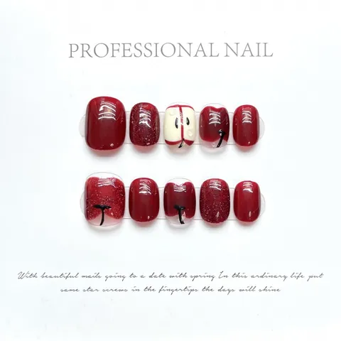 Handmade Short Press On Nails Red Apple Hand Painted Glitter Glossy Finish Sweet Style Nail Art Set For Women Daily Use