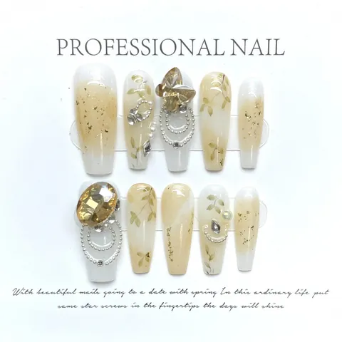 Handgefertigte Schmetterling Aufklebbare Nägel Vintage Bernstein Strass Lange Sarg Kunstnägel Mit Künstliche Perle Luxus Nail Art Dekor