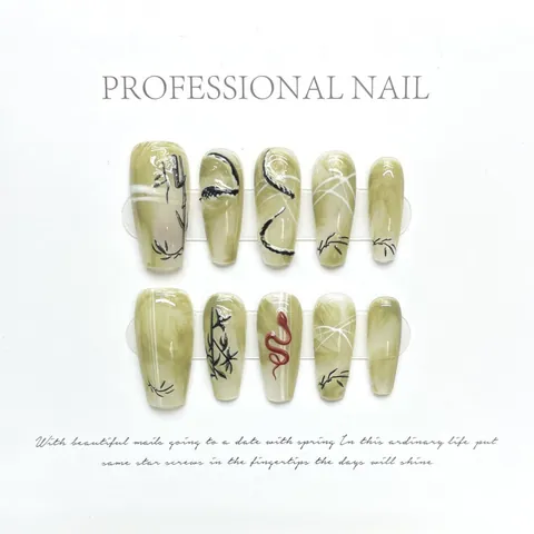 New Chinese Style Press On Nails Green Marble Jade Texture Ink Bamboo Snake Pattern Long Coffin Handmade Reusable Nails For Women