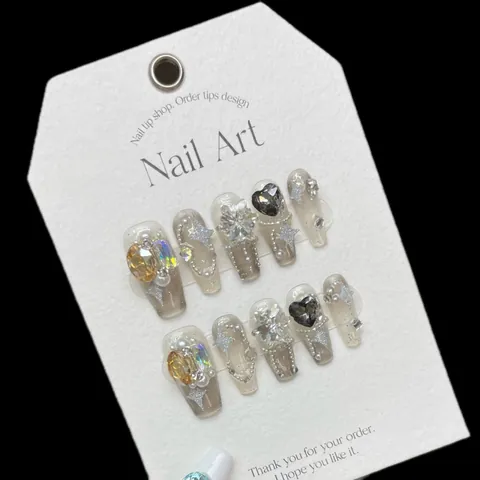 Handgemaakte Doodskist Plaknagers Rookgrijs Met 3D Strass Hart Ster Patronen Lange Lengte Elegante Schoonheid Kunstnagels