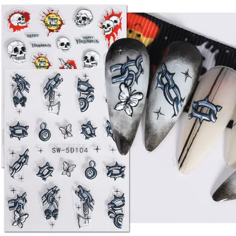 Halloween 5D Embossed Nail Stickers Gothic Skull Chain Butterfly Spider Web Decorative Manicure Decals For Women Party Nail Art Accessories