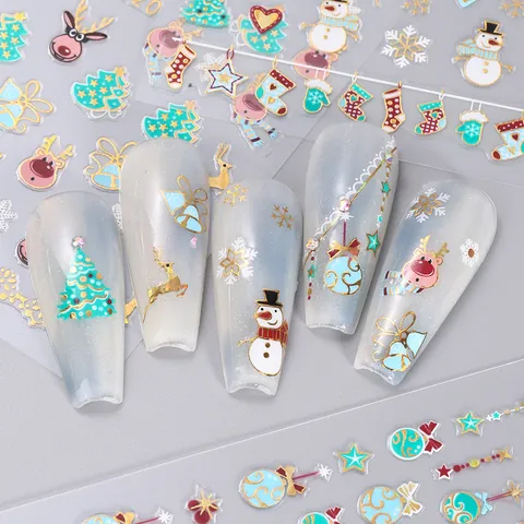 Christmas Nail Art Stickers Gold Stamping Cartoon Santa Claus Reindeer Snowflakes Self Adhesive Manicure Decoration For Women