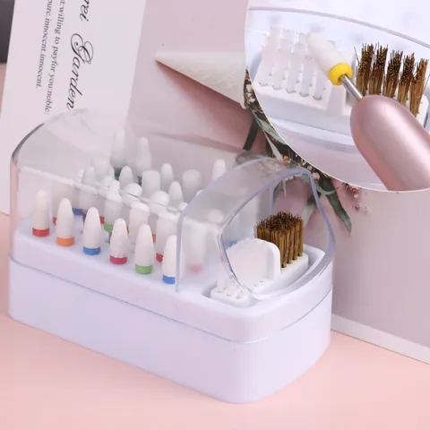 Professional Nail Drill Bit Cleaning Storage Box With Dual Head Copper And Nylon Brush Portable Manicure Tools Cleaner Case