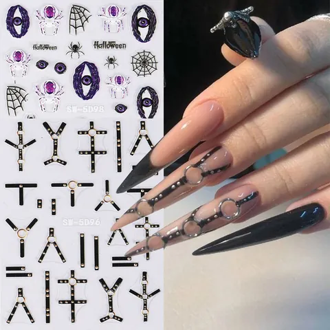 Halloween 5D Embossed Nail Stickers Gothic Skull Chain Butterfly Spider Web Decorative Manicure Decals For Women Party Nail Art Accessories