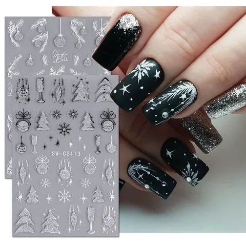 Glitter Christmas Winter Nail Art Stickers 3D Snowflake Bell Feather Design Silver Blue Nail Decals For Women Holiday Manicure Decoration