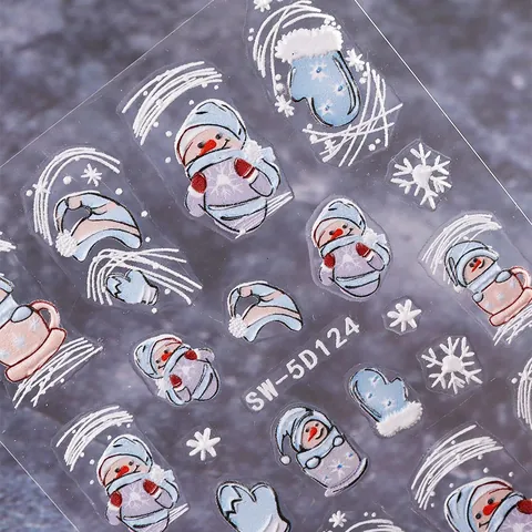5D Embossed Christmas Nail Stickers Cartoon Snowman Snowflake Reindeer 3D Relief Nail Art Decals Winter Festive Manicure Decoration Women