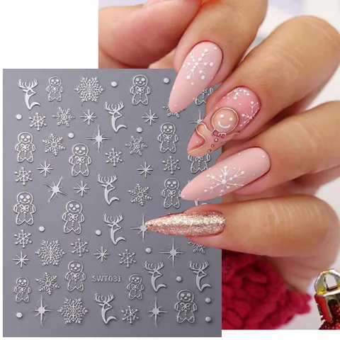 3D Relief Christmas Nail Art Stickers Gold Silver Rose Gold Embossed Snowflakes Reindeer Gingerbread Man Self Adhesive Nail Decals Women