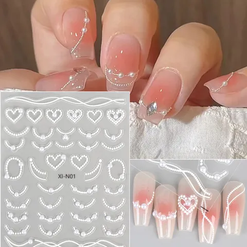 5D Embossed Nail Art Stickers White Artificial Pearl Chain Heart Flower Butterfly Self Adhesive Nail Decals For Women Manicure Decor
