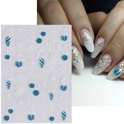 Adesivi per Unghie Natalizi in Rilievo 3D Fiocchi di Neve Stelle Glitter Oro Argento Blu Capodanno Decalcomanie Donna DIY