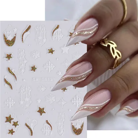 Adesivi per Unghie Natalizi in Rilievo 3D Fiocchi di Neve Stelle Glitter Oro Argento Blu Capodanno Decalcomanie Donna DIY