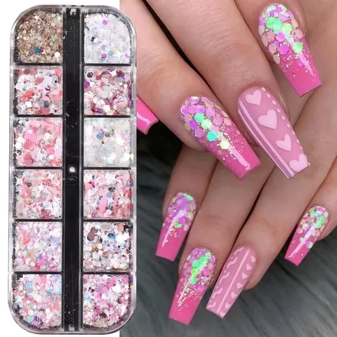 Nagelkunst Pailletten Glitter Unregelmäßige Stern Herz Mond Formen Rosa Holografisch Funkelnd Nageldekorationen Für Damen DIY Maniküre Sortiment