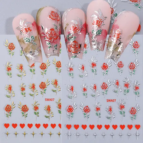 3D Rose Heart Nail Art Stickers Valentine's Day Self-Adhesive Gold Silver Relief Nail Decals Women DIY Manicure Decoration