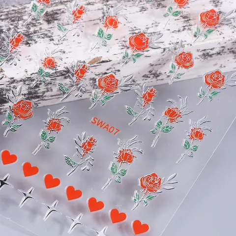 3D Rose Heart Nail Art Stickers Valentine's Day Self-Adhesive Gold Silver Relief Nail Decals Women DIY Manicure Decoration
