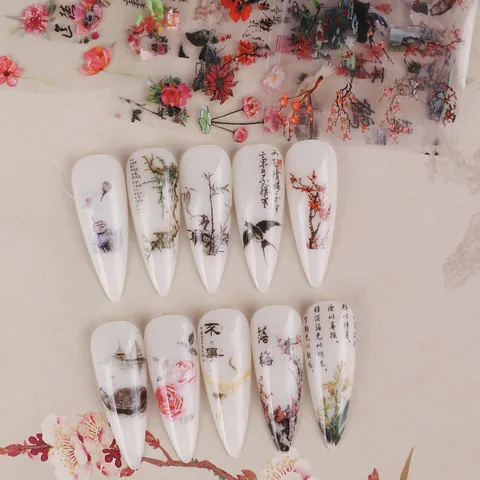Pegatinas de Transferencia para Uñas Estilo Chino Aguada Diseño de Flor de Ciruelo Bambú Grulla Paisaje Decoración de Uñas