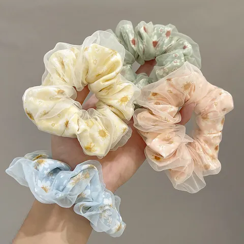 Women Layered Mesh Daisy Floral Hair Scrunchie Elastic Organza Hair Tie Sweet Pastoral Hair Accessories For Girls