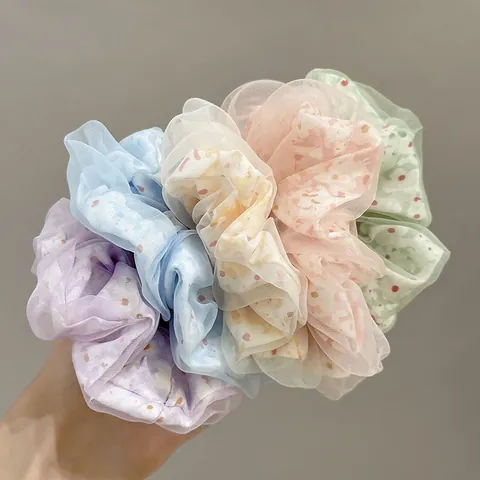 Women Layered Mesh Daisy Floral Hair Scrunchie Elastic Organza Hair Tie Sweet Pastoral Hair Accessories For Girls