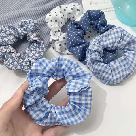 Ocean Blue Series Fabric Scrunchies Polka Dot Plaid Floral Pattern Elastic Hair Ties Soft Ponytail Holder Women Hair Accessories