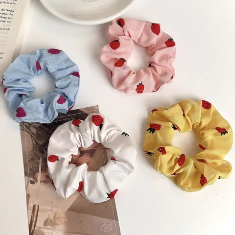 Coleteros De Gasa Con Estampado De Fresa Lazos Elásticos Plisados Para El Cabello Estilo Preppy Accesorios Para Mujer