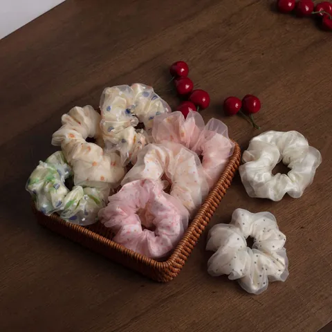 Large Organza Scrunchies Floral Polka Dot Houndstooth Print Double Layer Tulle Elastic Hair Ties For Women Girls Daily Styling