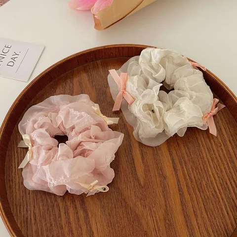 Korean Style Sweet Bowknot Organza Scrunchie Fluffy Lace Hair Scrunchies For Women Girls High Pony Tail Elastic Hair Ties