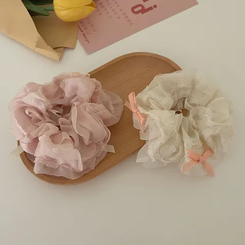 Korean Style Sweet Bowknot Organza Scrunchie Fluffy Lace Hair Scrunchies For Women Girls High Pony Tail Elastic Hair Ties