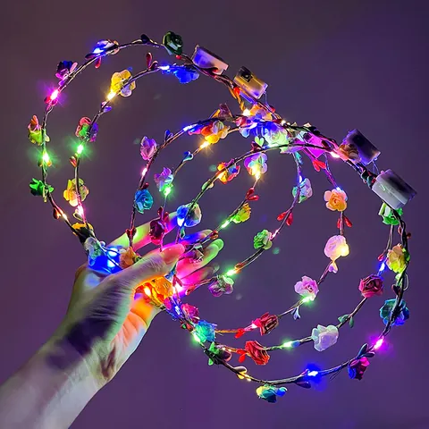 Colorful LED Glowing Rose Flower Crown Headband Multi Lighting Simulation Floral Hair Band For Christmas Wedding Women