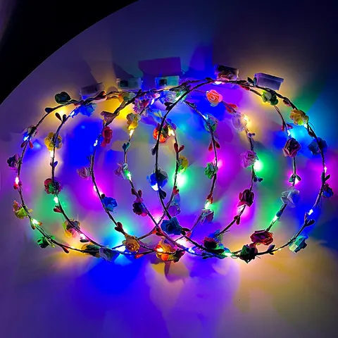 Colorful LED Glowing Rose Flower Crown Headband Multi Lighting Simulation Floral Hair Band For Christmas Wedding Women