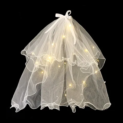 LED Light Double Layer Wedding Veil With Satin Bow White Mesh Pearl Hair Clip Romantic Bridal Party Photography Accessory