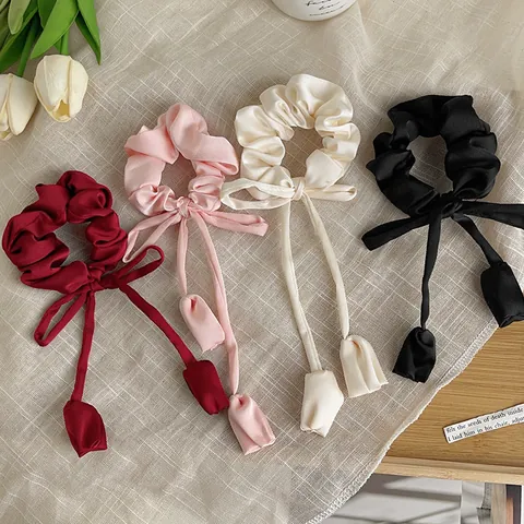Korean Style Tulip Ribbon Hair Scrunchies For Women Sweet Satin Bow Flower Hair Ties Elegant Ribbon Ponytail Holder Accessories
