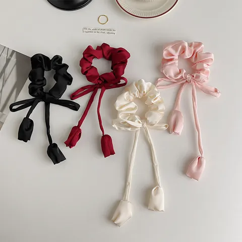Korean Style Tulip Ribbon Hair Scrunchies For Women Sweet Satin Bow Flower Hair Ties Elegant Ribbon Ponytail Holder Accessories