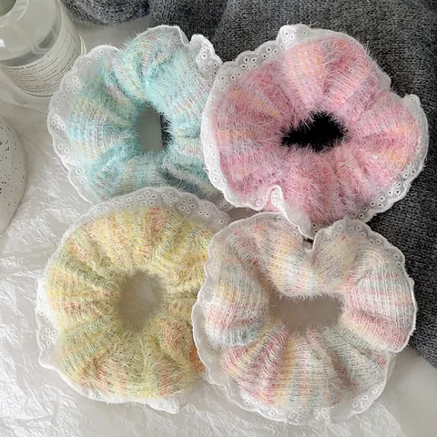 Chouchous en Laine Tricotée pour Femmes Avec Bord en Dentelle Blanche Noeud Doux Élastiques à Cheveux Colorés Poilus