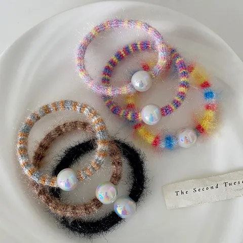 Coleteros de Punto de Arcoíris Coreanos con Perlas Artificiales Iridiscentes Gomas del Pelo Elásticas Accesorios para el Cabello Mujer