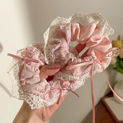 Vrouwen Koreaans Zoet Roze Wit Kant Strik Scrunchie Elastisch Haarelastiek Groot Lint Geplooid Haaraccessoires Voor Meisjes Cadeau