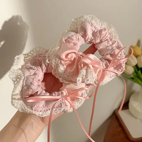 Vrouwen Koreaans Zoet Roze Wit Kant Strik Scrunchie Elastisch Haarelastiek Groot Lint Geplooid Haaraccessoires Voor Meisjes Cadeau