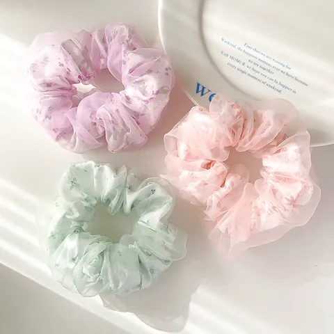 Coleteros de Malla Floral para Mujer Dulce Organdí Gomas del Pelo Doble Capa Estampado de Flores Bandas Elásticas Accesorios para el Cabello