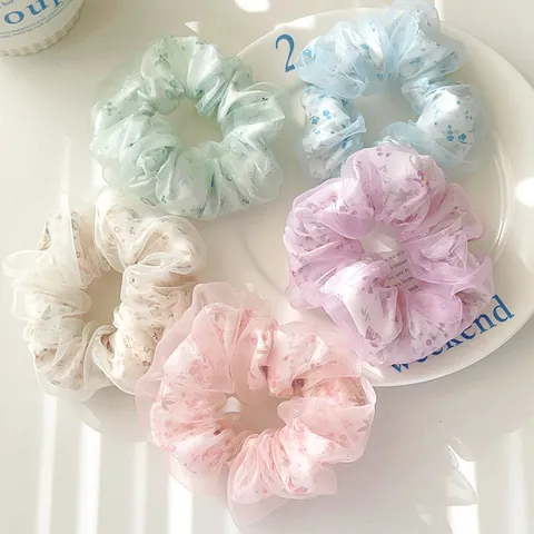 Coleteros de Malla Floral para Mujer Dulce Organdí Gomas del Pelo Doble Capa Estampado de Flores Bandas Elásticas Accesorios para el Cabello
