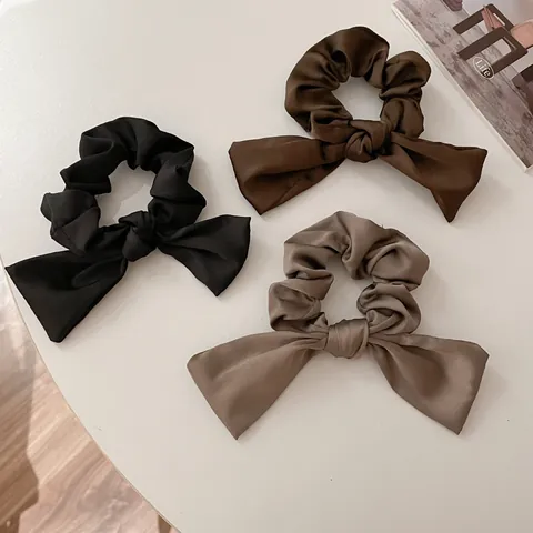 Elegante Coletero de Satén con Lazo y Cinta para Mujer Simple de Gama Alta Goma de Pelo Grande Color Sólido Accesorio para Coleta