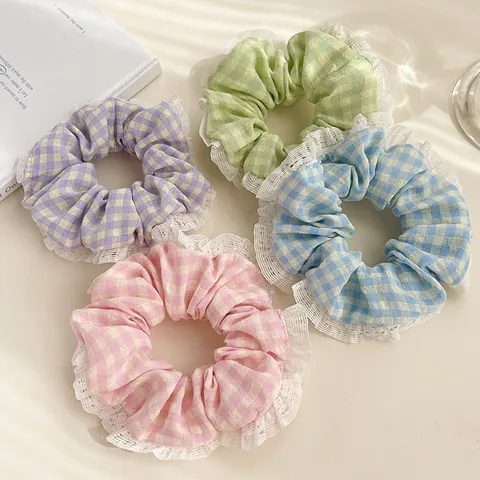 Chouchous à Carreaux Avec Bordure en Dentelle Blanche Style Coréen Élastiques à Cheveux Porte Queue de Cheval Femmes Accessoires Cheveux