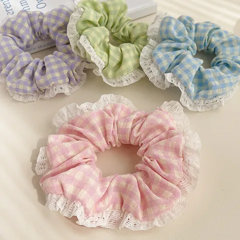 Chouchous à Carreaux Avec Bordure en Dentelle Blanche Style Coréen Élastiques à Cheveux Porte Queue de Cheval Femmes Accessoires Cheveux