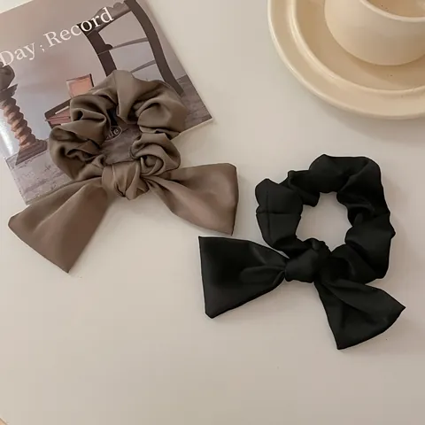 Elegante Coletero de Satén con Lazo y Cinta para Mujer Simple de Gama Alta Goma de Pelo Grande Color Sólido Accesorio para Coleta