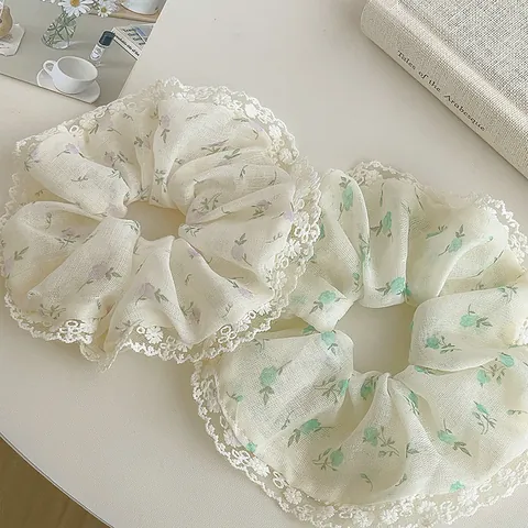 Coleteros Florales Pastorales para Mujer Ribete de Encaje Gasa Gomas para el Pelo Patrón Botánico Tela Suave Accesorios para el Cabello
