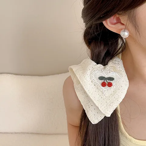 Sweet Embroidered Cherry Lace Scrunchie With Scarf Girly Heart Hair Tie For Women Girls Daily Hair Accessories