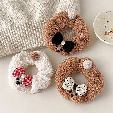 Coleteros de Peluche Teddy Lindos Gomas de Pelo Dibujos Animados Oso Perro Con Lazo Accesorios para el Cabello Mujer Niña