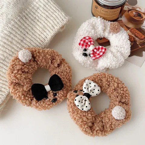 Coleteros de Peluche Teddy Lindos Gomas de Pelo Dibujos Animados Oso Perro Con Lazo Accesorios para el Cabello Mujer Niña